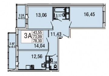 Двухкомнатная квартира 56.84 м²